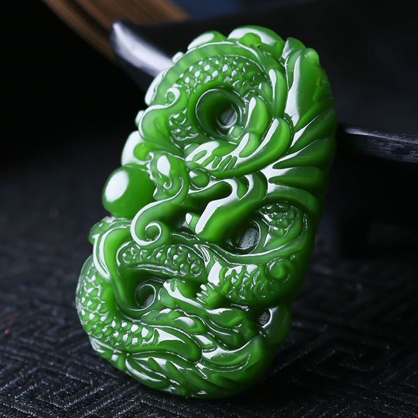 

carved dragon jade pendant natural chinese green beads necklace charm jadeite jewellery fashion lucky man woman amulet gifts, Silver