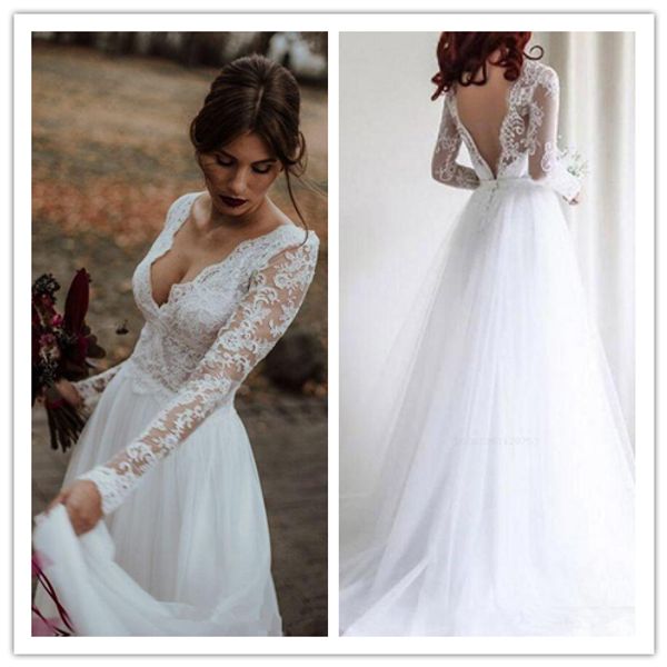 

2021 new v back a line wedding dresses v neck lace applique long sleeve with tulle bridal gown robe de mariee, White