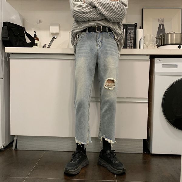 

summer ripped jeans men's slim fashion washed retro straight jeans trousers men streetwear wild hip hop hole denim pants mens, Blue