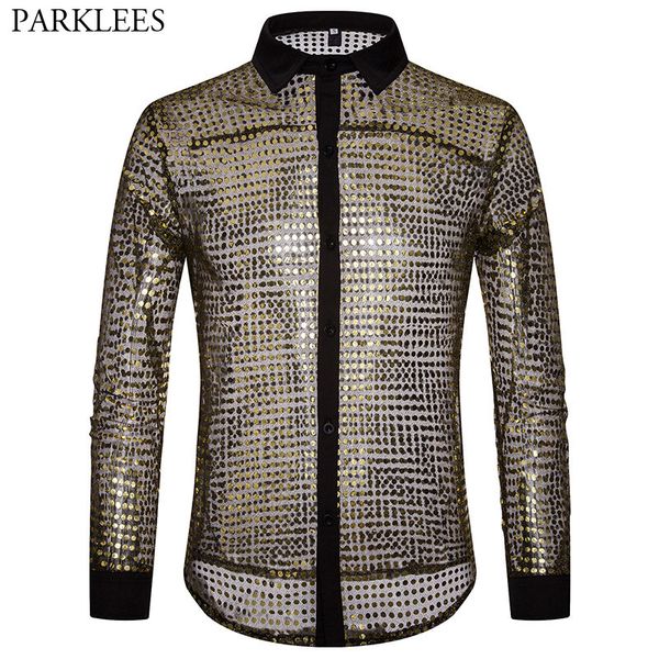 

men's casual shirts shiny gold transparent shirt men 2021 see through dress nightclub stage prom dance sequin glitter male, White;black