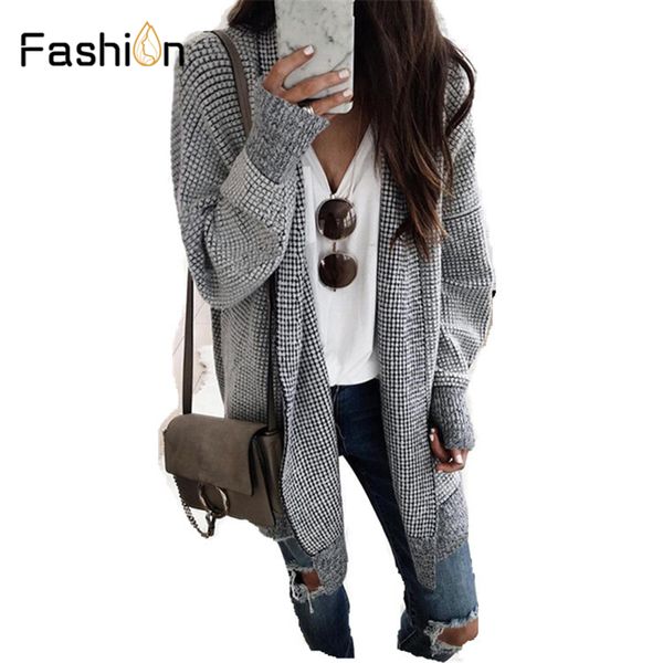 

2019 long cardigan women autumn winter loose wild plaid knit sweater coat elegant windbreaker sweaters coat cardigan pockets, Black;brown