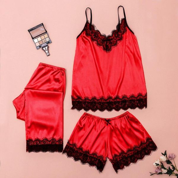 

wholesale-lingerie plus size women's pajamas nightgown set stain lace camisole shorts trousers sleepwear nightwear pyjamas, Black;red