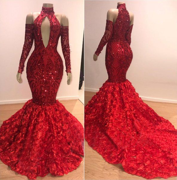 

2019 red mermaid prom dresses high neck sweep train long sleeve evening dress appliqued sequins custom made arabic special occasion gown, Black;red