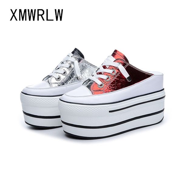 

xmwrlw split leather half shoes for woman 2020 spring summer flat platform shoes women thick sole wedges sneakers women shoe, Black