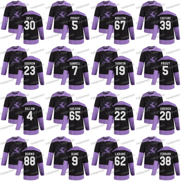 

65 erik karlsson 2020 hockey fights cancer san jose sharks logan couture evander kane aaron dell brent burns barclay goodrow jersey, Black;red