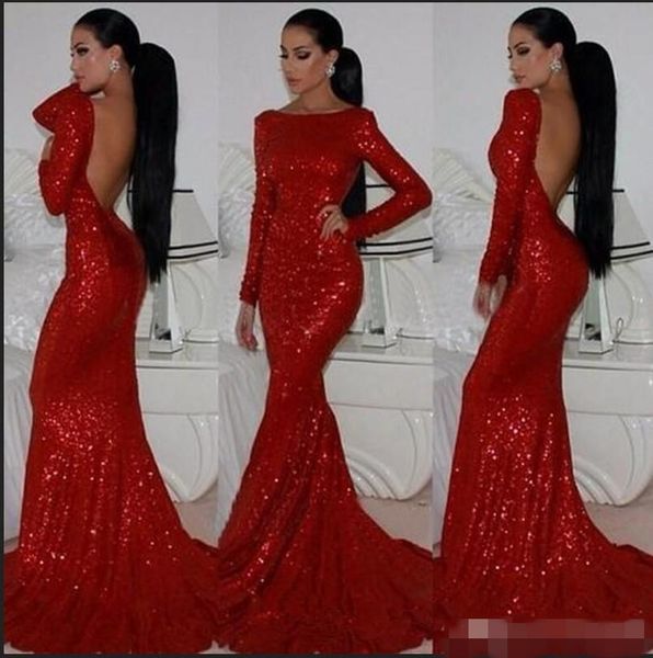 

sparkly red sequins prom dresses bateau neckline long sleeves backless sweep train evening gowns custom made formal occasion vestido, Black