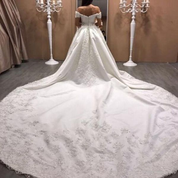 

luxury satin wedding dresses cathedral train sweetheart off the shoulder exquisite lace appliques bridal gowns plus size wedding dress, White