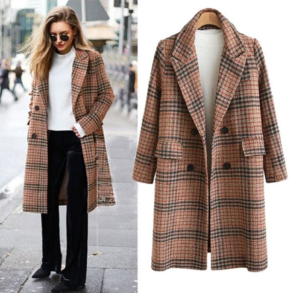 

l-5xl plus size casual women wool coat new 2018 autumn winter fashion plaid loose x-long woolen coat big size female outerwears, Black