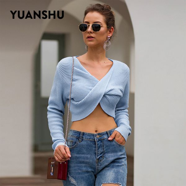 

yuanshu autumn knitted pullover sweater women v neck long sleeve solid crop ladies fashion cross short sweaters, White;black