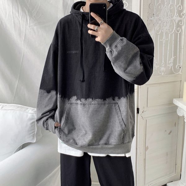 

autumn hoodies men's fashion tie dye print casual big pocket hooded sweatshirt man streetwear hip hop loose hoodie men hoody, Black