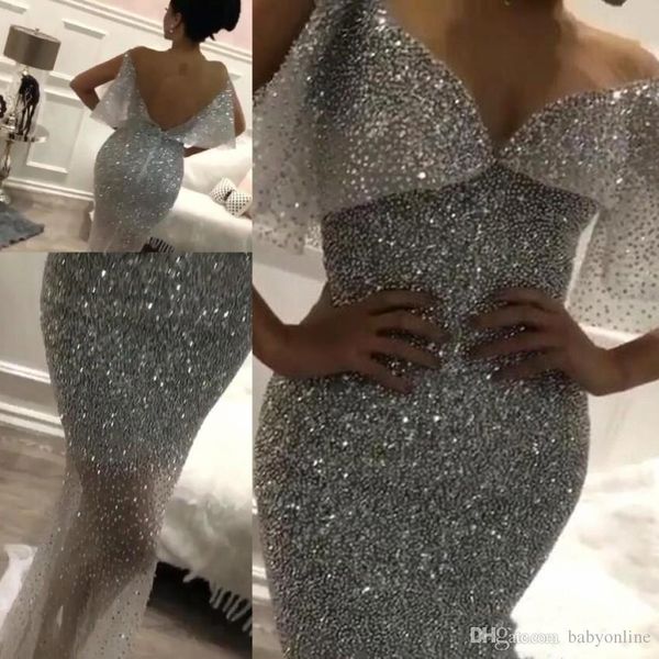 Chegada nova brilhante sier sereia vestidos de baile com decote em v lantejoulas miçangas corte baixo sem costas festa vestidos de noite vestido formal personalizado vestidos estidos