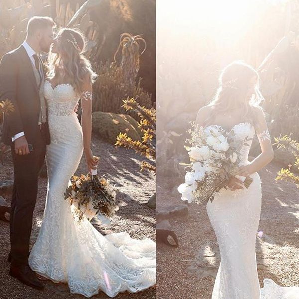 

2019 sweetheart mermaid wedding dresses sweep train lace appliqued boho wedding dress custom made beach country bridal gowns cheap, White