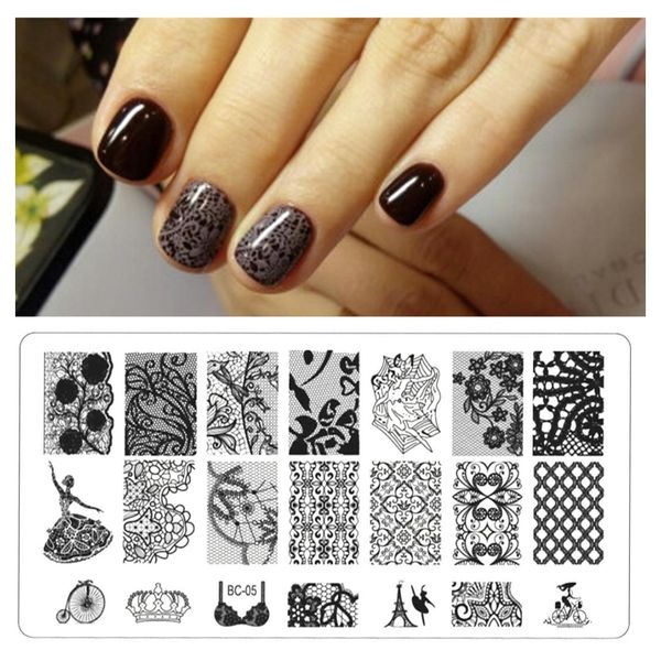 

fituresux 21 designs flower cartoon lace diy polish stamping nail art stamp templates manicure nail stencils transfer tool, Black