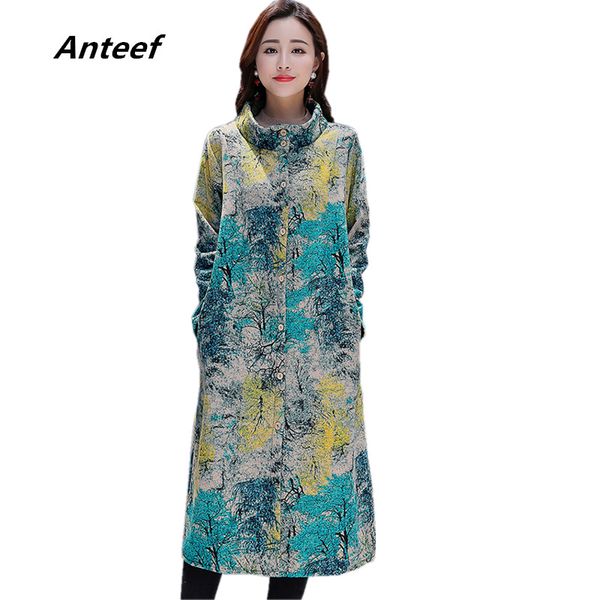 

anteef plus size cotton vintage floral print clothes casual long loose autumn winter jacket coat 2018 women outerwear, Black
