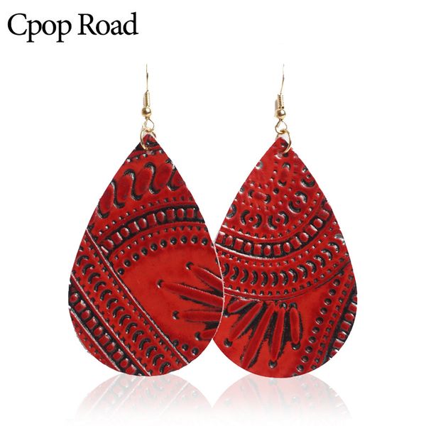 

vintage embossing tear drop genuine leather earrings for women retro style cowhide real leather dangle drop earrings drop ship, Silver