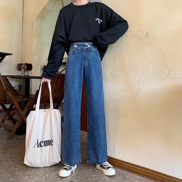 

women jeans pants leisure loose high waist vintage wide leg mom jeans women jean korean style tassel, Blue