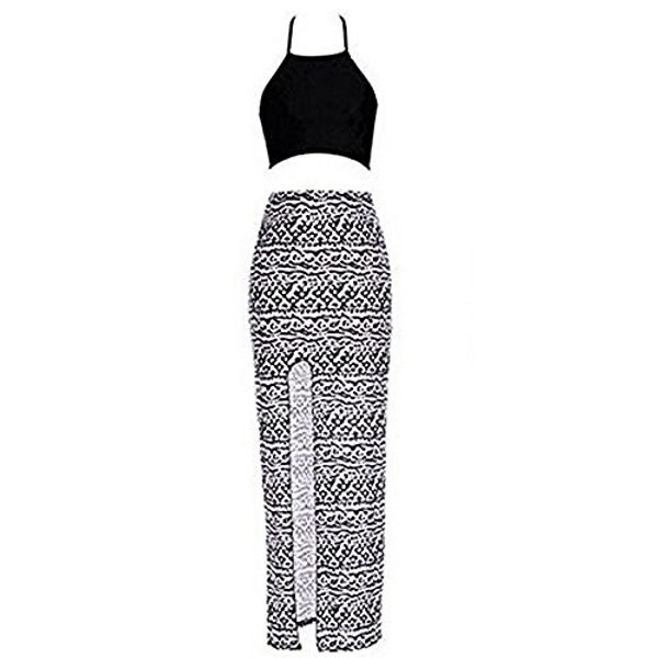 

bamgool women bralet cami crop two piece set split skirt casual dress, Black;gray