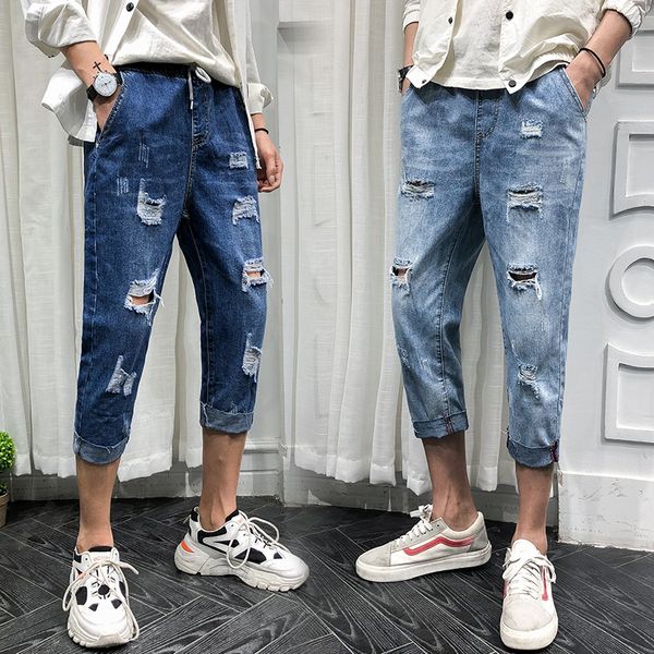 

summer new jeans men's slim fashion torn hole casual denim cropped pants an streetwear trend wild hip hop male clothes, Blue
