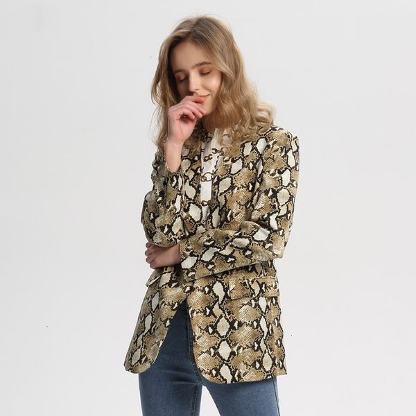 

vintage snake print blazer pockets regular notched collar long sleeve coat outerwear female loose casaco feminines ca154, White;black