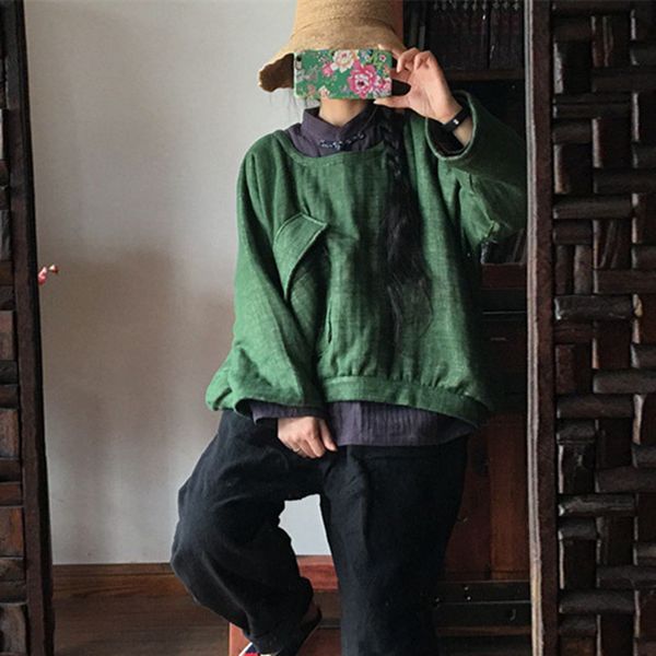 

johnature 2018 autumn winter solid color o-neck long sleeve new vintage loose big pockets linen pullover women parkas, Black