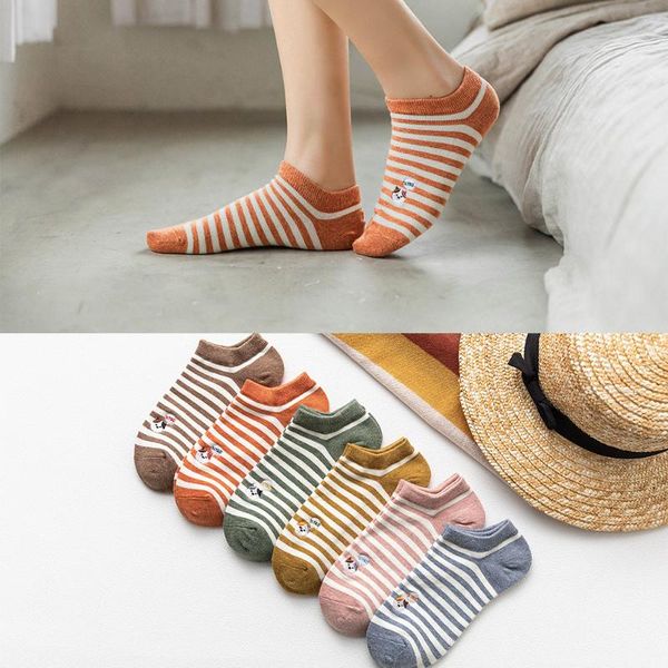 

spring and summer cotton socks fashion women boat colorful female socks shallow mouth short cat embroidery 6pairs/lot, Black;white