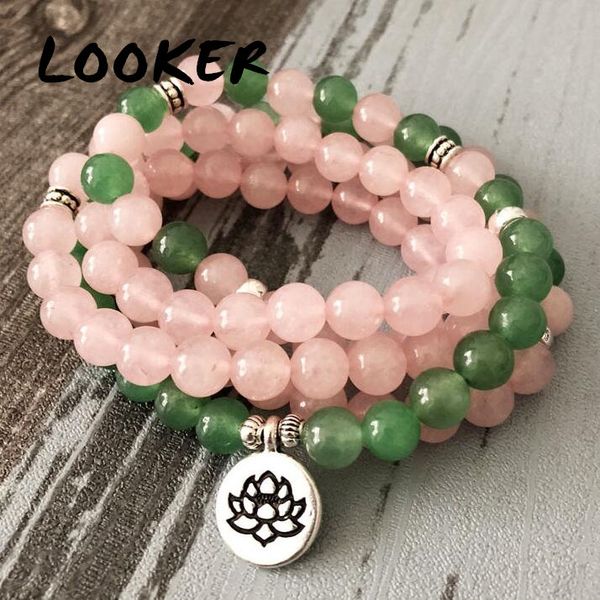 

looker 108 prayer beads rose quartzs green aventurine bracelet love & luck necklace and bracelet pink with lotus charm, Black