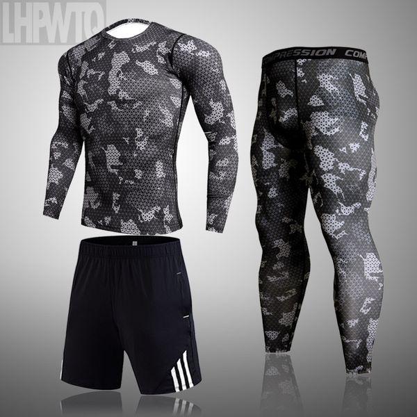 

men's 3 piece tracksuit men compression sportswear long sleeve t shirt print sweatshirt+leggings fitness camouflage running sets, Black;blue