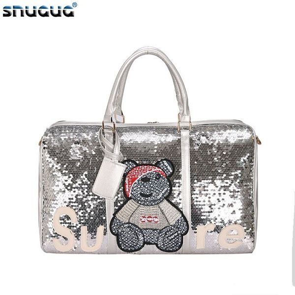 

glitter pink woman sports bags for fitness outdoor luggage travel bag organizer sequin gym bags women training yoga duffle bag