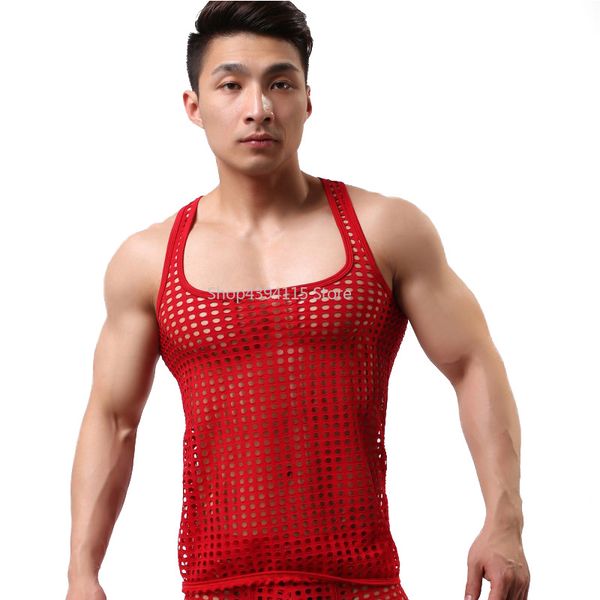 

men see through hollow out tank undershirt lingerie colete masculino o neck sleeveless breathable wrestling undershirt, Black;brown