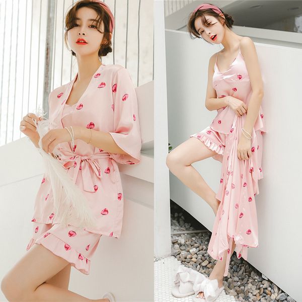

2018 ladies silk bathrobe pajama set 3 pieces cute sleepwear short summer nightwear v-neck pijama set for women, Blue;gray