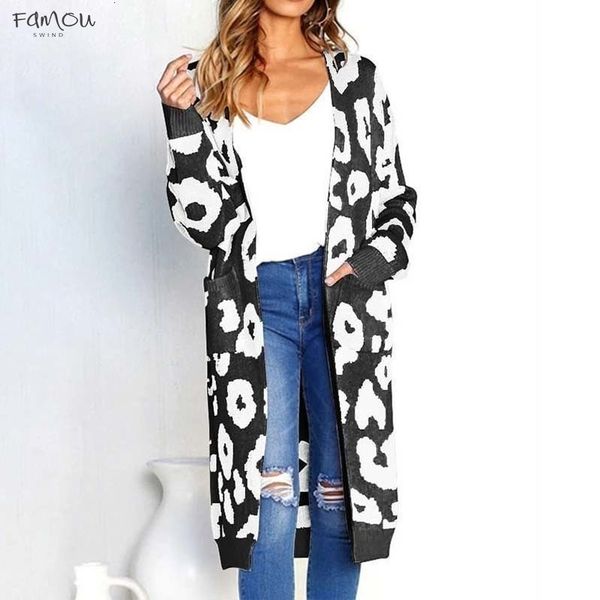 

Leopard Print Long Cardigans Winter Clothes Coat Women Open Stitch Autumn Pockets Slim Casual Knitted Long Sleeve Sweater Plus Size
