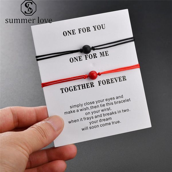 

2019 2pcs/set matte lava stone natural stone bead charm bracelet red string bracelets for couple with wish card jewelry gift, Black