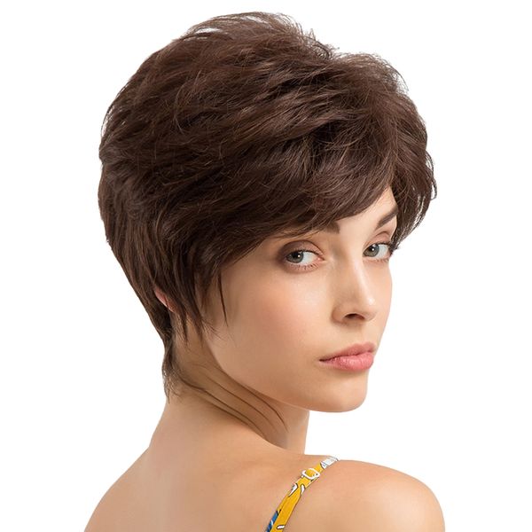 

chic short wigs women human hair with bangs fluffy layered pixie cut wig, Black