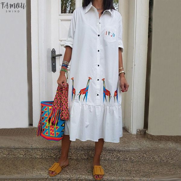 

women's summer shirt dress vintage ladies causal giraffe print mid-calf button loose half long beach dress vestidos 2020, Black;gray