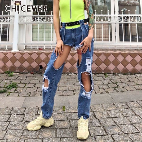 

chicever hole women jeans female high waist with sashes irregular hollow out women pants korean fashion spring 2019 new, Blue