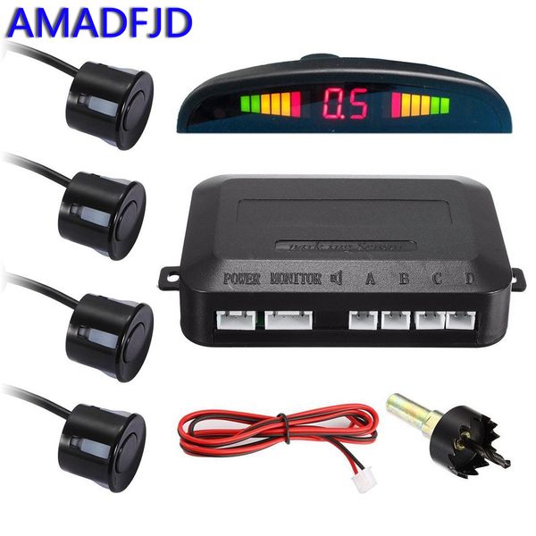 

amadfjd car auto led parking sensor kit with 4 sensor reverse backup car parking radar monitor detector system display backlight