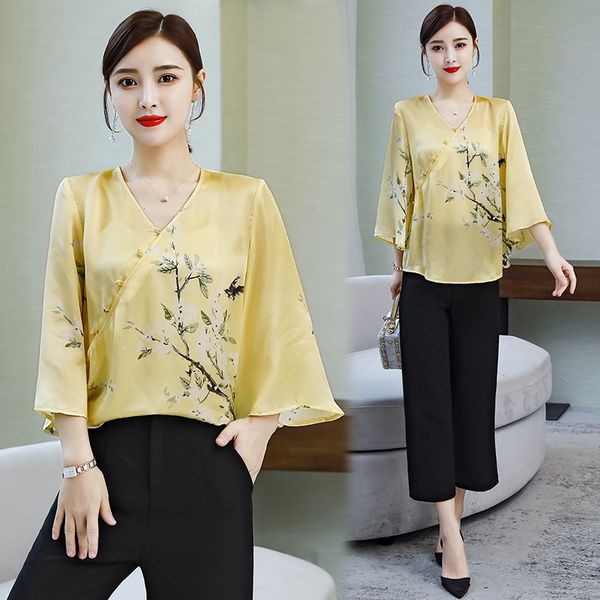 

chinese-style real silk cheongsam xie jin frog nian qing kuan half-sleeve shirt improved chinese clothing women's sheehan e, White