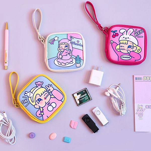 

cartoon girl portable bag for home outdoor lipstick earphone date cable storage handbag coin purse