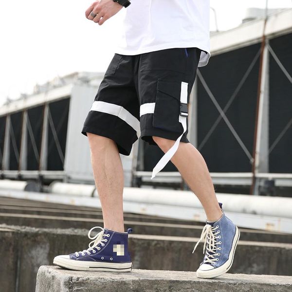 

streetwear summer casual shorts men side-pockets ribbons mens cargo shorts knee length bermuda hip hop cotton men's shorts, White;black
