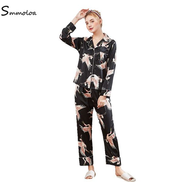 

smmoloa spring printing pattern women pajamas satin sleepwear long sleeve two piece sets, Blue;gray