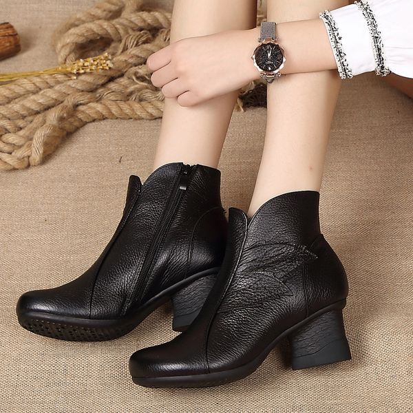 

zipper round toe white ankle boots boots-women women's rubber shoes rain leather booties winter footwear low 2019 genuine 2020, Black