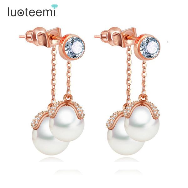 

luoteemi rose gold elegant stylish zircon micro paved double imitation pearl tassel dangle earrings female perfect jewelry, Silver