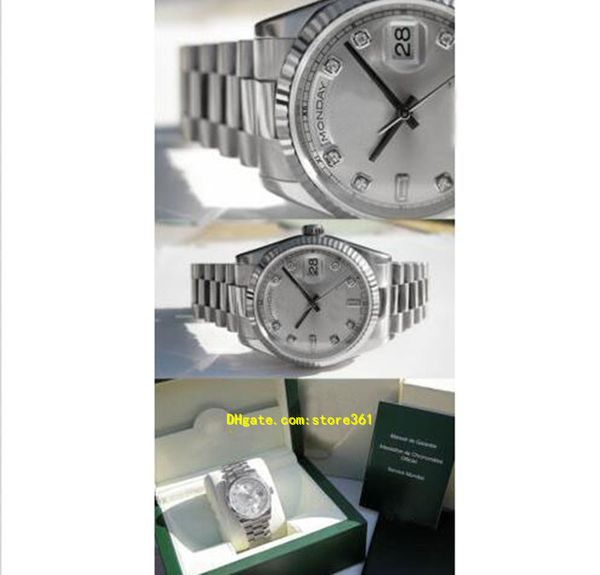 

wristwatches with original box president 118239 mens watch 18k white gold silver diamond dial 36mm, Slivery;brown