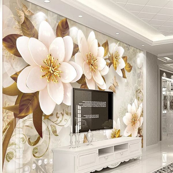 

пользовательские большой настенная 3d обои современные творческие ювелирные изделия способа золотисто-желтые белые цветы абстрактный декор с