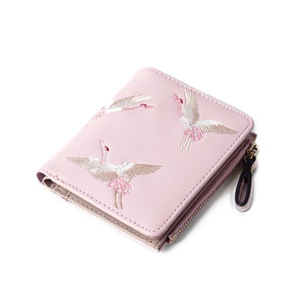 

women leather wallet purses female cranes embroidered short coin zipper purse cards holder new, Red;black