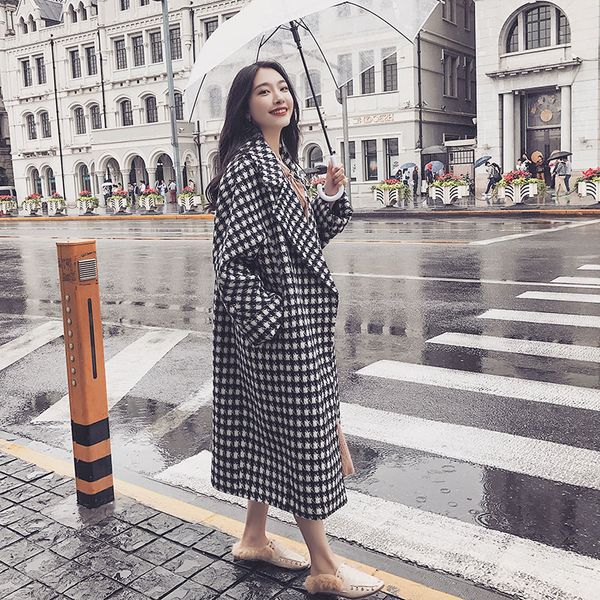 

winter 2019 woolen coat women plover plaid long coat vintage long overknee korean ladies wear, Black
