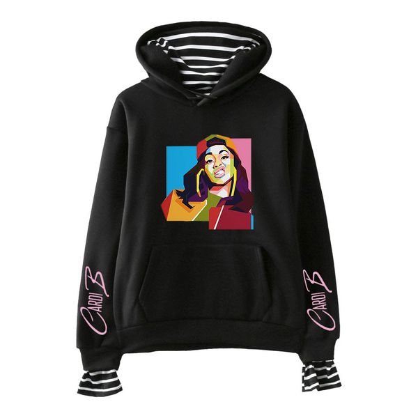 

cardi b sweatshirt female fake two pieces hoodie crewneck sweatshirts autumn harajuku hip hop printed pullover hoodies women/man, Black