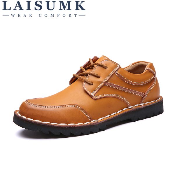 

laisumk genuine leather men's shoes autumn winter casual waterproof work shoes outdoor rubber lace-up oxfords chaussure homme, Black