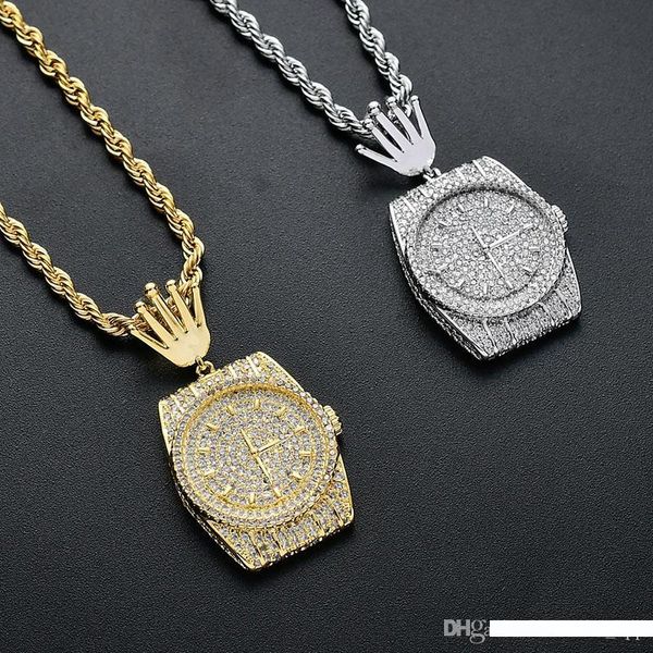 

персонализированные ожерелья циферблат часы для mens bling cz замороженный вне корона подвеска золото серебро цепи женщины hip hop рэппер je, Silver