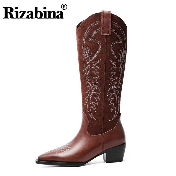 

rizabina genuine leather vintage knee high boots fashion embroidery mid heels shoes winter warm women footwear size 34-39, Black